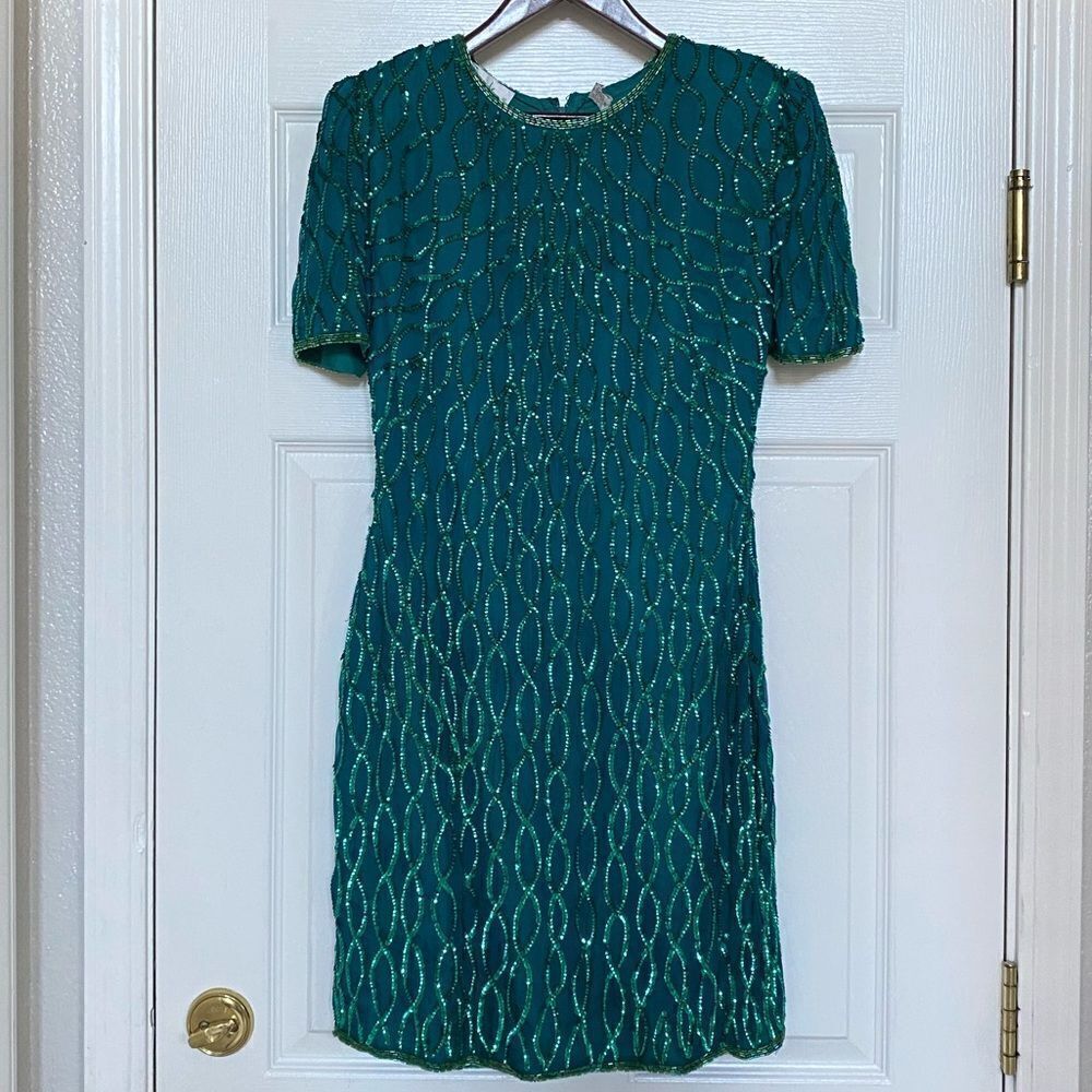 NWT Vintage Lawrence Kazar Teal Green Art Deco Sequin Silk Dress, Size PM